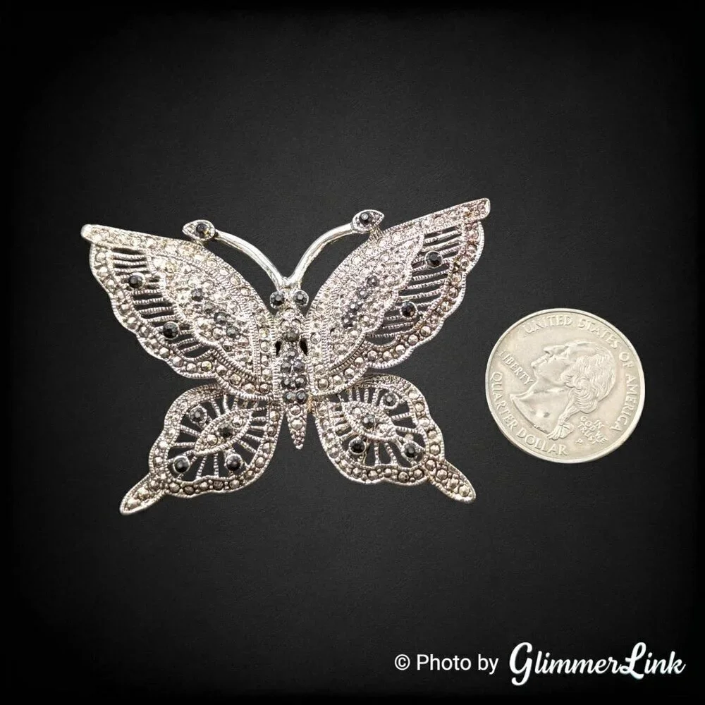 Vintage Black Rhinestone Faux Marcasite Butterfly Large Silver Plated Brooch